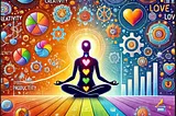 A vibrant illustration of a person sitting in a meditative pose, surrounded by symbols of personal strengths and virtues like creativity, love, courage, and wisdom. On the left side, professional productivity symbols such as gears, charts, and graphs are displayed, while on the right side, personal well-being is represented by icons like hearts, trees, and a glowing sun. The colourful background merges these elements, reflecting a balance between mental well-being and success. The image symbolis