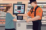 A female customer is stopped by security at the self checkout for miss scanned items. She forgot to scan all of her lemons!