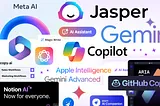 Meta AI, Google Gemini, Apple Intelligence, Microsoft Copilot, Adobe, Jasper AI, copy.ai, Zoom AI, Opera AI, Notion AI, and GitHub Copilot AI