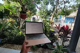 Guy holding his macbook with his left hand in front of greenery.
