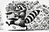 A crazy raccoon that carries a box of products and stumbles