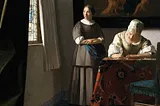 An oil canvas of a woman writing a letter