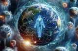 cinematic o,age depicting a glowing human figure at the center, interconnected with multiple Earths through luminous energy threads against a cosmic backdrop filled with stars and nebulae, symbolizing a deep connection with the cosmos.