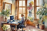 IMAGE: An AI generated image looking like an oil painting representing a woman working from home in a nice room full of plants