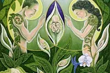 Woman and man with greenery and babies in pods