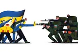 An illustration devoted to Russian war in Ukraine. Russian soldiers invaded Ukraine and are attacking civilians.