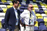 May 1, 2022; Nashville, Tennessee, USA; Nashville SC general manager Mike Jacobs and and CEO Ian Ayre before the first home game between the Nashville SC and Philadelphia Union at Geodis Park. Credit: Christopher Hanewinckel-USA TODAY Sports.