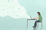 An illustration of a person sitting at a desk typing on a laptop, with a cloud of dots flowing up from behind the laptop.