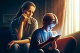 A concerned mother observes her son, who is deeply engrossed in his smartphone. The setting captures the emotional tension and parental worry over excessive screen time in their home environment.