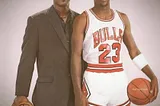 A photo by Ard Gelinck featuring a superimposed image of an older Michael Jordan with his younger self.