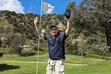 Los Angeles golfer Olsen Ebright celebrates having just made his very first hole-in-one in this photo taken at Scholl Canyon Golf & Tennis Club on April 1, 2024, in Glendale, California.