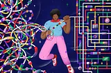 A digital illustration on a navy blue background with randomly placed stars. A Black woman wearing a light blue polo shirt, pink jeans, and red and white snearkers is holding a colorful, tangled string of shapes and lines that extend from both sides. On the left side, the strings are chaotic and intertwined with circles, squares, ovals, and rectangles. On the right side, the strings are organized into a complex circuit-like pattern with the shapes are accompanied by stylized charts and graphs.