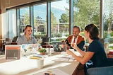 Team innovating around a desk in a sunlit, open office space. | Image by Kindel Media on Pexels