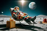 A middle-aged man in a spacesuit is sunbathing on the moon.