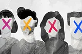 An illustration featuring four people with colorful X’s over their blank faces.