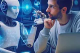 Developer receives assistance from virtual AI assistant while working on a computer.