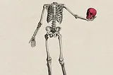 Imagine Dragons “Bones” single cover art; white skeleton holding its red skull outwards in its left hand, band and single name in top left corner