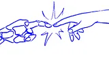 A sketch in blue ink of a robotic finger touching a human finger