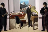 painting showing a room with a nude woman on a couch with blood dripping from her mouth, a man to her side in a suit near a gramophone, two men in black wearing bowler hats in the hallway, a window with a mountain in the background and three men looking through the window
