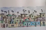 Watercolor of a Nubian village with colorful houses.