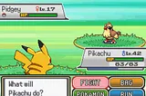 An screenshot of a Pokémon battle on a Gameboy game. Pikachu fighting a Pidgey.