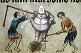 An illuminated manuscript drawing of two serfs threshing wheat. Behind them is a portrait of a fat-cat type in a business suit, with a dollar-sign money-bag for a head.