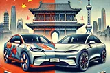 IMAGE: An illustration confronting a Chinese electric vehicle with a European one, highlighting their design and technological features. The background subtly hints at their respective regions with elements from both Chinese and European cityscapes