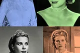 Four images of Grace Kelly — the bride, in blue; classic pose, in green; Her majesty the princess, in black and white; from High Noon, in peach