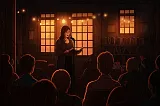 Illustration of a woman standing at a microphone at the front of a coffeehouse, reading from a book.