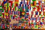 Flags of many countries hanging.
