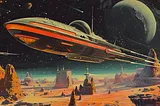 Classic Old School Science Fiction. This image imagines a space liner cruising over an unnamed planet