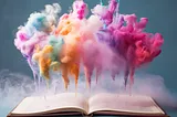 An open book full of colourful cotton candy bursting out of it