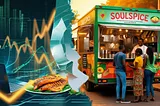 A vibrant image depicting Accra, Ghana, split between a modern, financial tech scene and a lively “SoulSpice” food truck. The two sides subtly blend, symbolizing the harmonious intersection of structure and spontaneity.