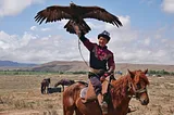 The eagle hunter wears traditional dress and sits on his horse while raising his arm in the air, presenting his eagle to the crowd. Its wings are open and the bird looks a similar size to the horse.