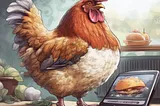 An illustration of a chicken standing on top of the kitchen counter next to a tablet that has a photo of a Beyond Meat burger.