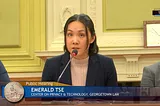 Privacy Center Associate Emerald Tse speaks into a microphone to testify in a hearing before the D.C. Council Committee on Health in support of the Consumer Health Information Privacy Protection Act.