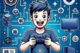 An image of an excited user playing a game on a console, with elements representing advanced blockchain technologies and improved user experience. Image created by author using DALL-E.