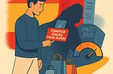 IMAGE: Un joven toca en su móvil un botón rojo que dice “Comprar ahora, pagar después”, rodeado de bolsas de compra. Tras él se alza su propia sombra en forma de montaña de facturas “vencidas” y un indicador de crédito que baja a zona roja, sugiriendo riesgo de endeudamiento