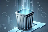 A minimalist illustration of a digital trash bin with cascading arrows, symbolizing data persistence and delete rules.