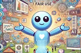 IMAGE: An illustration symbolizing that all content on the web is fair use and can be used to train algorithms, featuring a friendly AI character surrounded by various forms of online content