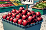 A bin filled with shiny, perfect-looking plastic apples in a supermarket, complete with a sign that declares them as “Plastic Apples.”