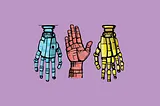 Three hands: one blue robot hand, one pink human hand and one yellow robot hand on a purple background.