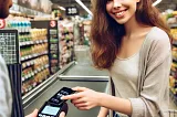 A young adult woman paying with her phone at a modern supermarket checkout, with a smiling cashier and well-lit shelves of products in the background.