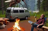 a minivan camper, at a campsite, with a giant insect around the campfire