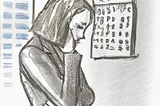 A pencil drawing of a sad person looking at a calendar on the wall.