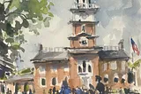 Watercolor painting of Independence Hall by Anne Kullaf
