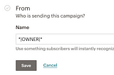 Image of the “from” settings for a Mailchimp campaign, showing the use of a merge field.