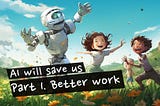 A very happy cure image of a robot playing in the field with other human children. They are jumping around in a flower meadow smiling waving their hands and having fun. Looking at each other. The sun is rising and the skye is blue. All in a childrens cartoon style