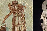 Image of Jesus as a shepherd painted in Crypt of Lucina, Rome, around 300 CE, juxtaposed with a statue of the Buddha as a Hellenistic philospher from the 1st century CE.