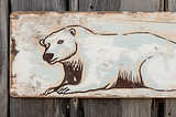 An old, weathered metal sign featuring a stylized illustration of a polar bear.